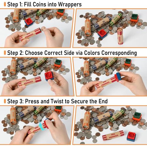 THEBLUETOUCH 512 Assorted Preformed Coin Wrappers with Coin Roll Crimpers