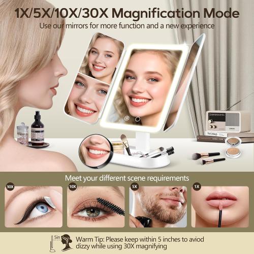 GOMIPURU Makeup Mirror with Lights and 30X/10X/5X Magnification, Vanity Mirror with 3 Color Lights, Rechargeable, Detachable, Lighted Makeup Mirror with Magnification, Trifold Mirror, Gifts, White