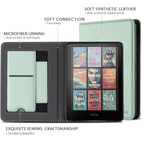 CoBak Case with Stand for Kindle Paperwhite 12th Gen 2024 Released (7) & Kindle Colorsoft Signature Edition - Durable PU Leather Cover with Auto Sleep Wake, Card Slot, Hand Strap Feature, Sage Green