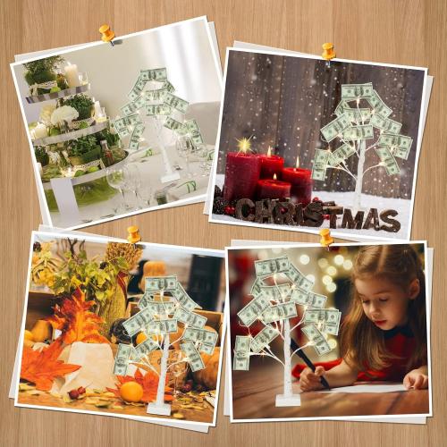 PABIPABI Money Tree Gift Holder, 24 LED Lighted Display Tree with 6 Clear Clips, Battery/USB Powered Timer Birch Tree for Christmas, Memo, Present Card, Photo, Wedding, Birthday Graduation