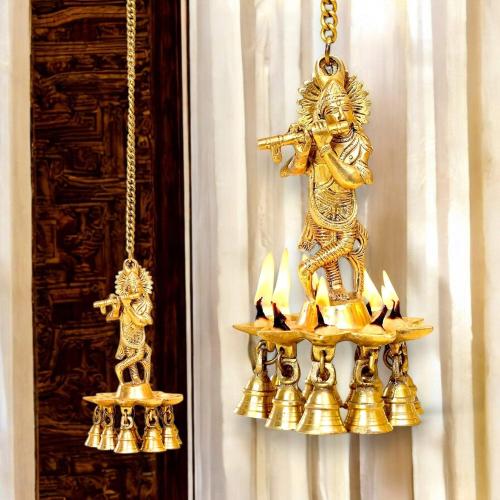 LOVENSPIRE Brass Krishna Wall Hanging Diya with Bells & Chain Krishna Hanging Idol Oil Lamp Home Temple Mandir Office Diwali Decor Kathu Vilakku Puja Diyas - Deepawali Housewarming Return Gifts