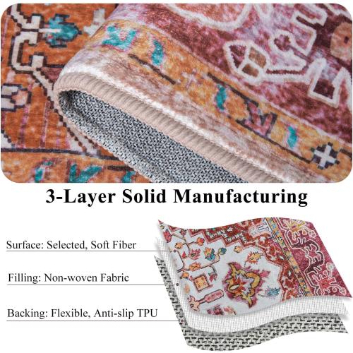 Large Area Rug for Living Room, Machine Washable Vintage Rugs -Low Pile Carptet, Soft Distressed Floral Rugs for Kitchen, Dining Room, Bedroom, Plum
