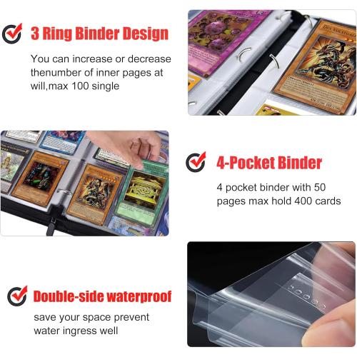 4 Pocket Trading Card Binder for Cards with 50 Sleeves up to 400 Cards,Waterproof Card Storage Book with Removable Sleeves for Booster Box and TCG Cards
