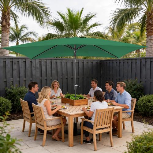 Rectangular Patio Umbrella, 6.5 x 10 ft Rectangle Table Umbrellas w/Heavy Duty Ribs, Effortless Crank and Push Button Tilt, Wind Resistant Sun Umbrella for Outdoor Patio, Dark Green