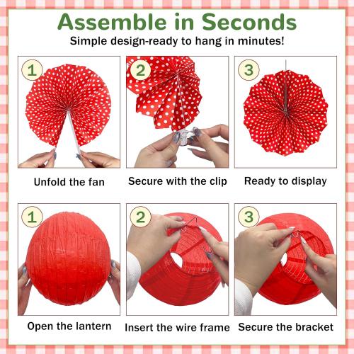 15 Pcs Red Gingham Party Decorations, 12 Inch Hanging Paper Lanterns and Fans for Picnic, BBQ, Pizza Party, Crawfish Boil, Birthday, Baby Shower, Graduation