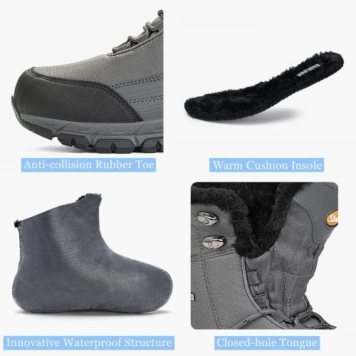 Size 9.5 Color Grey Men's Snow Boots Waterproof Warm Fur Lined Winter Hiking Boot Non-slip Outdoor Ankle High-top Shoes Work Hiker Trekking Trail