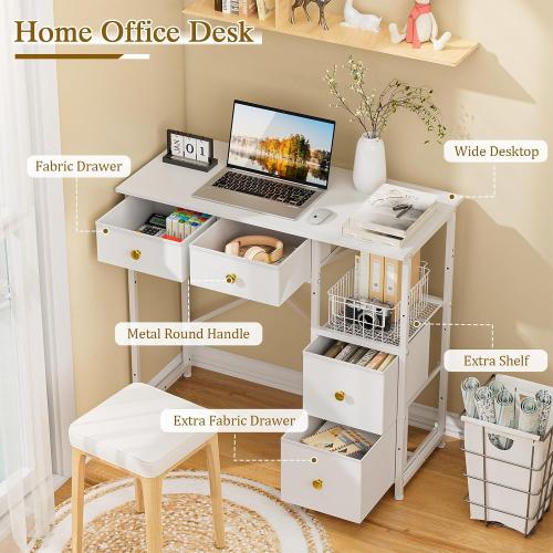 White 33.5Inch Small Computer Desk with 4 Fabric Drawers, Simple Writing Desk for Home Office, Compact Study Desks for Small Spaces, Kids Desk Study for Bedroom, White