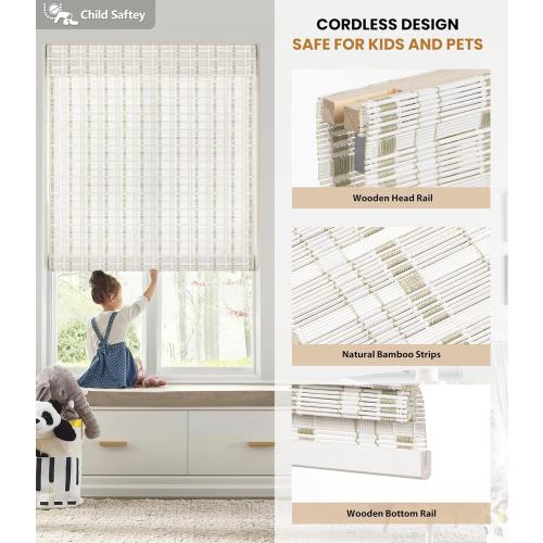 LazBlinds No Tools No Drill Cordless Bamboo Roman Shades, Light Filtering Window Treatment, Roll Up Bamboo Blinds for Window 39'' W x 64'' H, Whitewash B