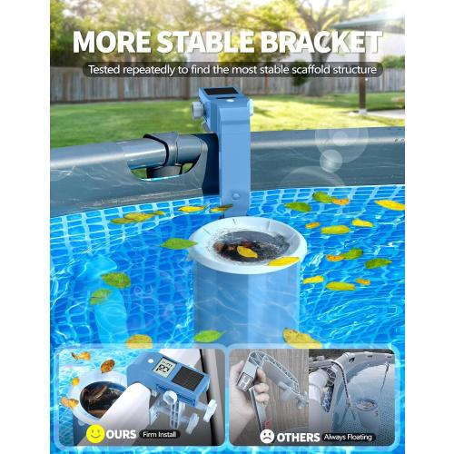 BluSwim Above Ground Pool Skimmer with Solar Digital Thermometer | Wall Mount Surface Skimmer - Auto Skimming Pool Floating Debris | 2 Upgraded Bracket - Stable&Height Adjustable-Steel Blue