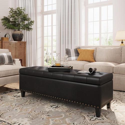 Size 51 Color Black Storage Ottoman Bench,51-Inch Large Storage Bench for Bedroom End of Bed, 30 Gallons Faux Leather Ottoman with Storage for Bedroom, Living Room, Entryway, Black