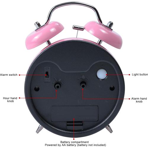 AYRELY® Super Loud Twin Bell Alarm Clock for Heavy Sleepers Adults, 4-Inch Retro Silent Non-Ticking with Night-Light, 3D Raised Number Dial, Battery Operated for Bedroom Bedside (3D Dial – Pink)