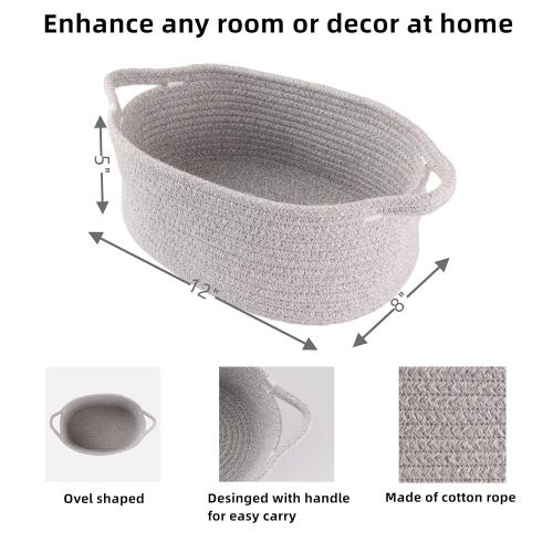 Small Woven Basket Cute Oval Cotton Rope Gifts Basket with Handle Empty Baby Wicker Storage Baskets Nursery Box Bin Kids Organizer Cat Dog Toy Baskets Easter Baskets Grey