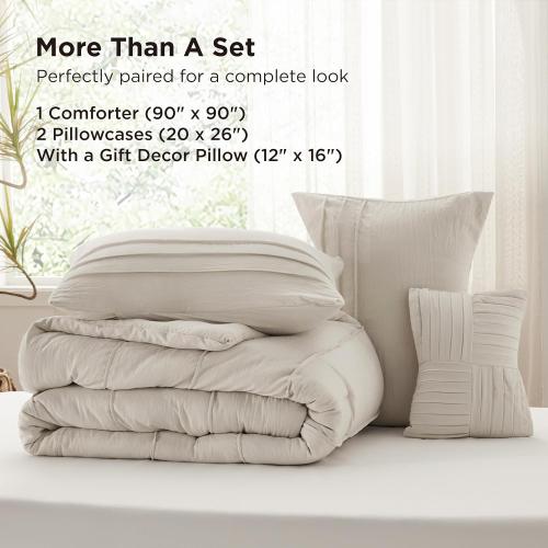 Bedsure Queen Comforter Set - 4 Pieces Pinch Pleat Bed Set, Beige Boho Bedding for All Season, 1 Soft Comforter, 2 Pillowcases, 1 Decorative Pillow