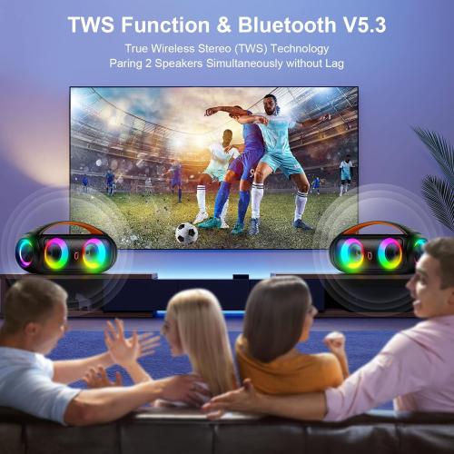 Portable Bluetooth Speaker, Loud Boombox Speaker with Subwoofer, Powerful Deep Bass Stereo Sound, IP65 Waterproof, Wireless Outdoor Speaker for Camping, Beach, Party, Support TWS/USB/TF Card/AUX