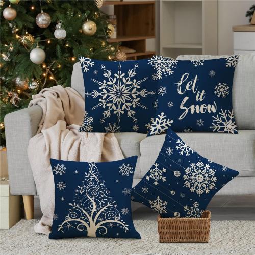 Christmas Pillow Covers 18x18 Blue Christmas Decorations Snowflake Throw Pillow Covers Xmas Tree Ornaments Winter Holiday Decor Cushion Case for Sofa Couch Set of 4