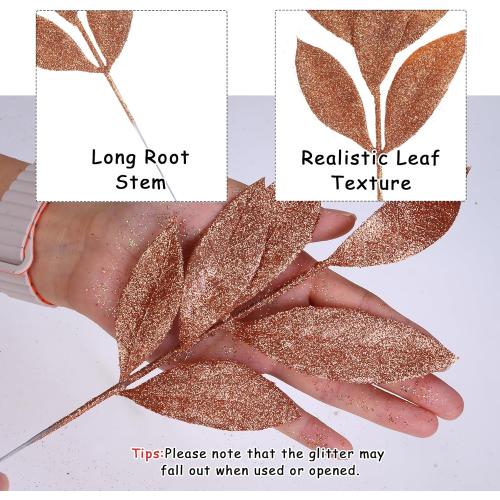 GREENTIME 12 Pack Artificial Brown Glitter Leaves 13 Fake Christmas Picks Decorative Glitter Sticks for Vase Christmas Tree DIY Wreath Crafts Fireplace Decor