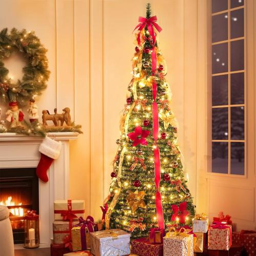 7Ft Pop Up Christmas Tree,Prelit 250 Warm White LED Lights,1 Minute Pull Up,Fully Decorated 84 Ornaments,8 Lighting Modes & Timer,Fire-Resistant,Foldable,Collapsible Outdoor Indoor Holiday Party Decor