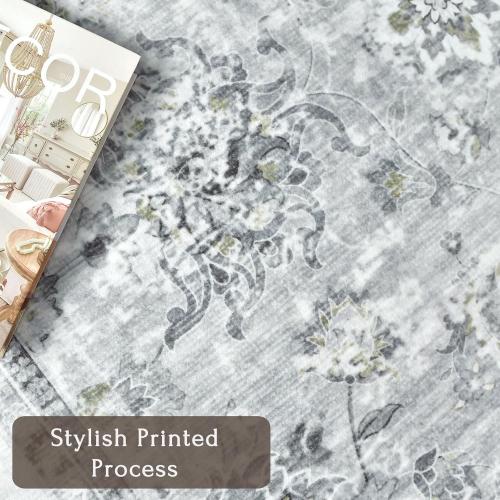 Floral 9x12 Area Rugs - Grey Large Machine Washable Living Room Rug Non Slip Ultra-Thin Stain Resistant Bedroom Rug Vintage Retro Boho Accent Rugs for Bedroom Dining Room Office Carpet