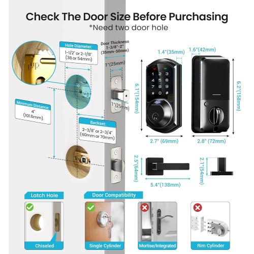 Veise VE07-L Fingerprint App Control Smart Locks with Heavy-Duty Zinc Alloy Handles, Keyless Entry for Front Door, Digital Electronic Touchscreen, Auto Lock, Waterproof, Easy Install, Matte Black