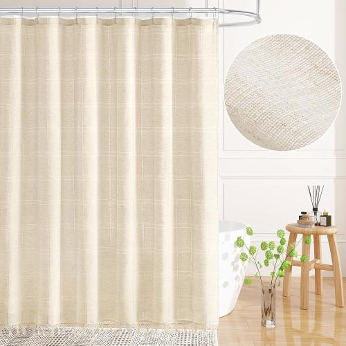 Linen Boho Farmhouse Shower Curtain Set with Tassel, Modern Bohemian French Country Chic Bathroom Shower Curtain Set with PEVA Liner, Cotton Hollow Fabric Shower Curtain,72x72 - Beige/Cream