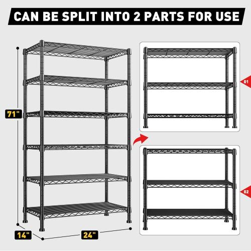 REIBII 6-Tier Storage Shelves Metal Shelving for Storage Load 1000 LBS,Wire Shelves Heavy Duty Shelving Unit Adjustable Pantry Shelf Bathroom Kitchen Garage 24 W x 14 D x 71 H, Black