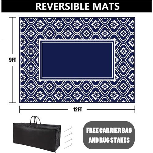 RV Outdoor Rug Waterproof Mat 9'x12' Camping Carpet Blue Outside Area Rugs Reversible Rugs for Deck Entryance Porch Picnic Balcony Beach