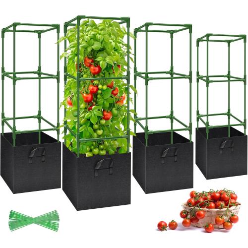 Legigo 4 Pack Tomato Cages with 17 Gallon Grow Bags- 47 Inch Square Tomato Cages for Garden, Heavy-Duty Tomato Stakes Plant Support Cages Trellis for Garden Vertical Climbing Plants Vegetables