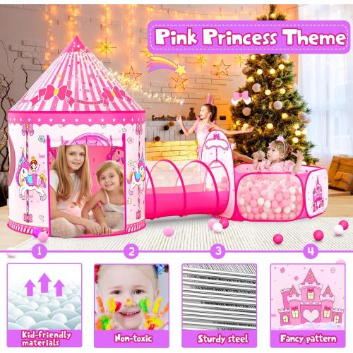 3 in 1 Girls Princess Play Tent for Kids: Pop Up Toddlers Playhouse with Baby Crawl Tunnel, Ball Pit and Castle Tent - Pink Children Play Tent Toys Indoor and Outdoor Game for Birthday Gift