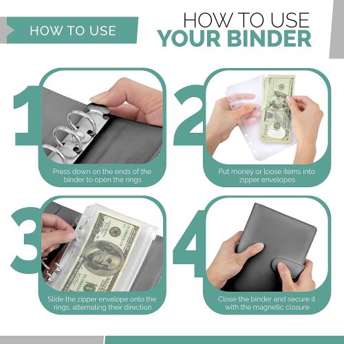 Black A6 Binder & 12 Clear Envelopes, Budget with Cash Envelopes, Mini Cash Envelope Wallet, Small Budget Planner, Envelope Binder for Organizing Personal Budgeting Efforts