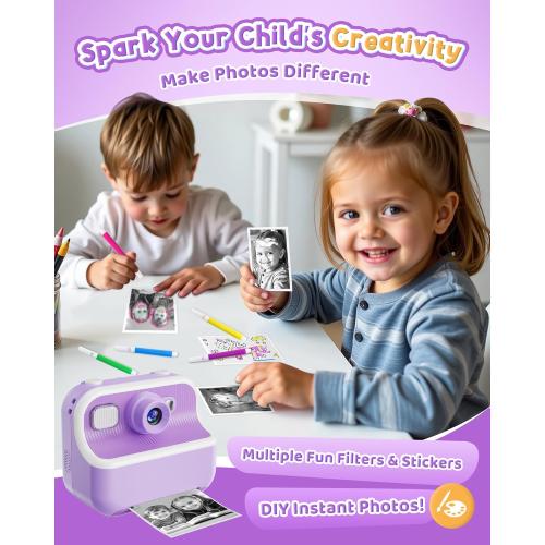 Instant Camera, Front Rear Dual Selfie Kids Camera with 1080P Videos, Holiday Birthday Gifts for Kids Age 3-12, Toddler Portable Travel Print Digital Camera Toy for 4 5 6 7 8 9 Year Boys Girls