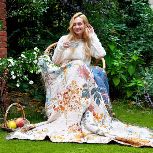 Boho Throw Blanket for Couch Sofa Chair Cotton Breathable Blankets for Bedroom Living Room All Season Soft Lightweight Reversible Floral Embroidery Throws Home Decor 50x 60