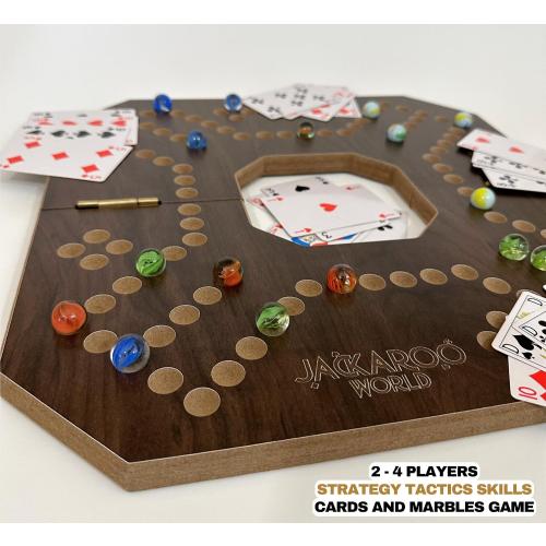 Jackaroo Board Game, 2-4 Player Marble Strategy Game, Solid Wooden Game with 16 Glass Marbles and 52 Cards, Marble Chase Game, Jokers and Marbles Board Game, Foldable Board with Carry Bag (Walnut)