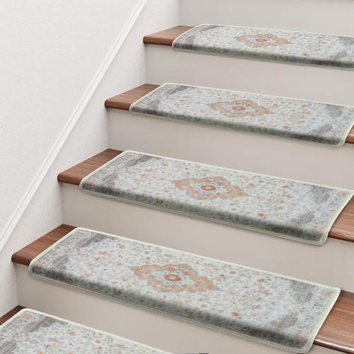 Brakki Bullnose Stair Treads for Wooden Steps, Non Slip Stair Carpet for Indoor Runner and Pets, Soft Edging Staircase Protectors Reusable, Washable, 29.5x9.5x1.5 14pcs, Beige and Grey