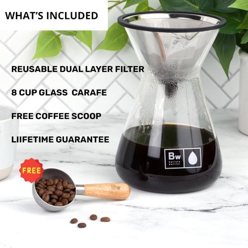 Barista Warrior Pour Over Coffee Maker with Glass Carafe and Reusable Stainless Steel Dripper – Complete Pour Over Coffee Kit with Acacia Wood Scoop for Rich, Flavorful Drip Brewing at Home