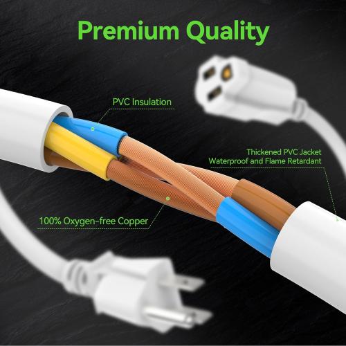 Power Extension Cord 2FT/24Inch, Short 3 Prong Electric Extension Cable Outlet Saver, Single Outlet, Outdoor and Indoor, Heavy Duty, Waterproof, Flexible, 16 AWG, SJTW, 13A 125V Extender Wire(White)