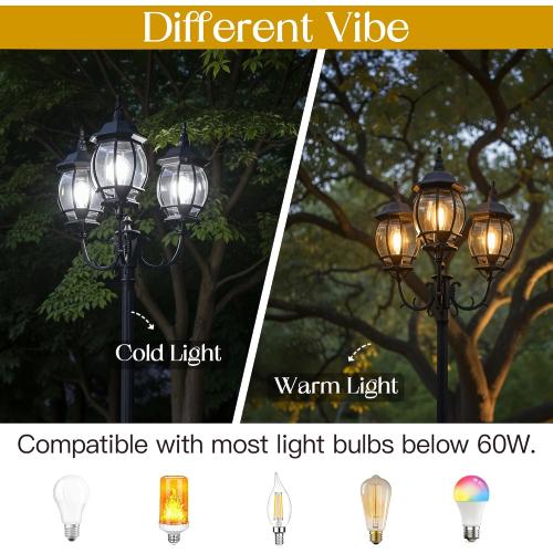 94 Inch 3-Light Post Lantern For Patio Lawn Pathway Triple-Head Post Light For Front Yard Outdoor Street Light 94” Exterior Pole Lights,Aluminium Alloy,Clear Glass Shade,E26(Bulbs Not Included)