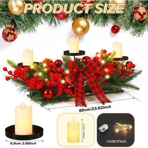 Christmas Centerpiece with 3 Candle Holders 3 LED Candles 1 String Lights Xmas Triple Candelabrum Poinsettia Red Buffalo Plaid Bow Berry Pine Cones with 3 Candle Holders for Tables Home Decorations