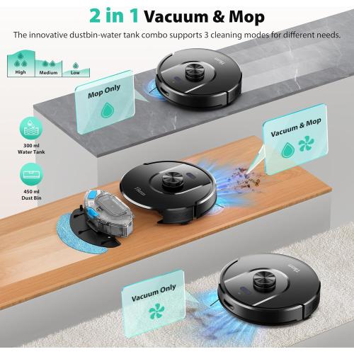 Tikom Robot Vacuum and Mop, 6000Pa Robotic Vacuum Cleaner with Self-Emptying Base, 90 Days Capacity, LiDAR Navigation, Home Mapping, Ideal for Pet Hair, Hard Floors, Carpet (L8000 Plus)