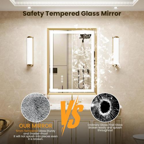 24x36 LED Mirror for Bathroom, Brushed Gold Metal Frame Mirror with Backlit   Front Lit, Bathroom Mirror with Lights, Anti-Fog, Dimmable, Lighted Mirror Tempered Glass(Horizontal/Vertical)