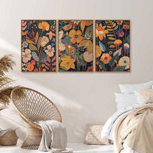 Set of 3 Size 24x36x3 SIGNINART Boho Botanical Framed Canvas Wall Art Set of 3, Mid Century Modern Wall Decor, Burnt Orange Floral Artwork, Neutral Flower Plant Art Prints for Bedroom Living Room Office