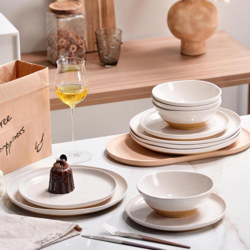 Sets of 12 FINE&NICE Melamine Dinnerware Sets of 12 Pcs, Unbreakable Plates and Bowls Set for 4, Dinner Dishes Set for for Patio, RV and Camping, Dishwasher Safe (White with Brown)