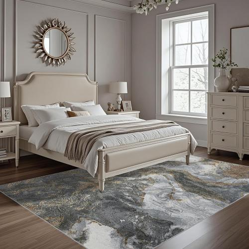 Modern Washable Rug for Living Room: Abstract Area Rugs for Bedroom Low Pile Non Slip - Stain Resistant Carpet for Dining Room Indoor - Grey Gold
