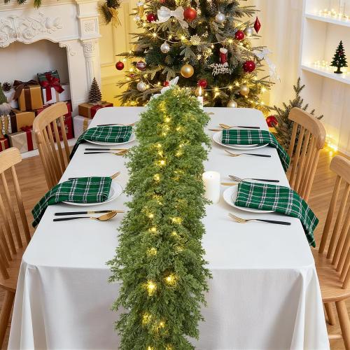 Lvydec Lighted Christmas Pine Garland Decoration, 9ft Realistic Cedar Cypress Garlands Christmas Greenery Garland with Lights for Holiday Mantel Fireplace Table Centerpiece (9ft)