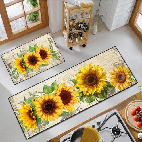 ACZHHZC Sunflower Kitchen Rug 2 Piece Set, Non-Slip Absorbent Washable Runner Carpet Home Vintage Farmhouse Kitchen Decoration 17x30 17x47 Inches (Yellow)