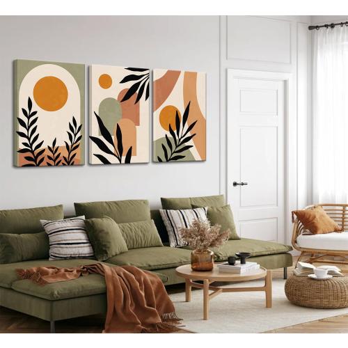 3 Pcs Mid Century Modern Boho Sun Canvas Wall Art Neutral Abstract Minimalism Bohemian Mountains Plants Pictures Wall Decor Posters Prints Artwork for Bedroom Living Room Home Decoration