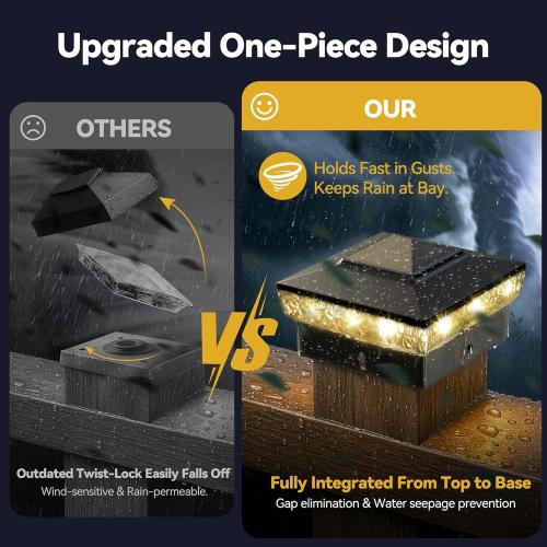 Solar Post Cap Lights, 12-Pack Upgraded Outdoor Deck Fence Post Solar Lights for 4x4 5x5 Wood/Vinyl Posts, IP65 Waterproof, 10-12 Hours Warm/Cool White Glow for Garden/Patio/Porch - Black