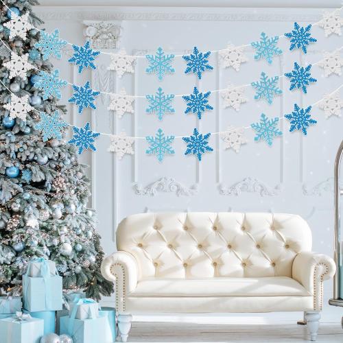 Whaline 4Pcs Snowflake Felt Banner WHITE PINK AND DARK PINK  Snowflake Garland Winter Bunting Garland for Christmas Winter Holiday Hanging Decoration