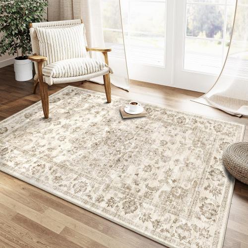 Jinchan .....3x4 Washable Neutral Area Rug Beige Vintage Entryway Office Carpet Non-Slip Soft Low Pile Floral Throw Rug for Entrance Living Room Bathroom Dining Room