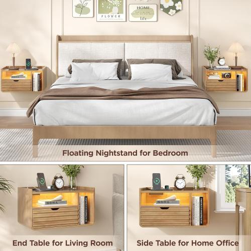 Maupvit Wood Floating Nightstand Set of 2, Wall Mounted Night Stand with Drawer and Charging Station, Bedside Table with Open Shelf, Led Nightstand for Bedroom, Easy Assembly