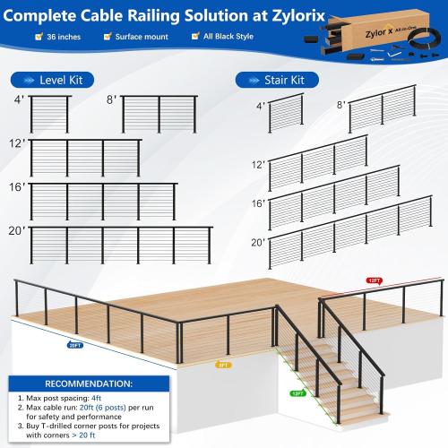 2ft-4ft Complete Set Cable Railing System 36, Black T304 Stainless Steel Cable Railing Posts Kit with Adjustable Handrail Cable Rail, One-Stop Easier for DIY Indoor Outdoor Level Decks